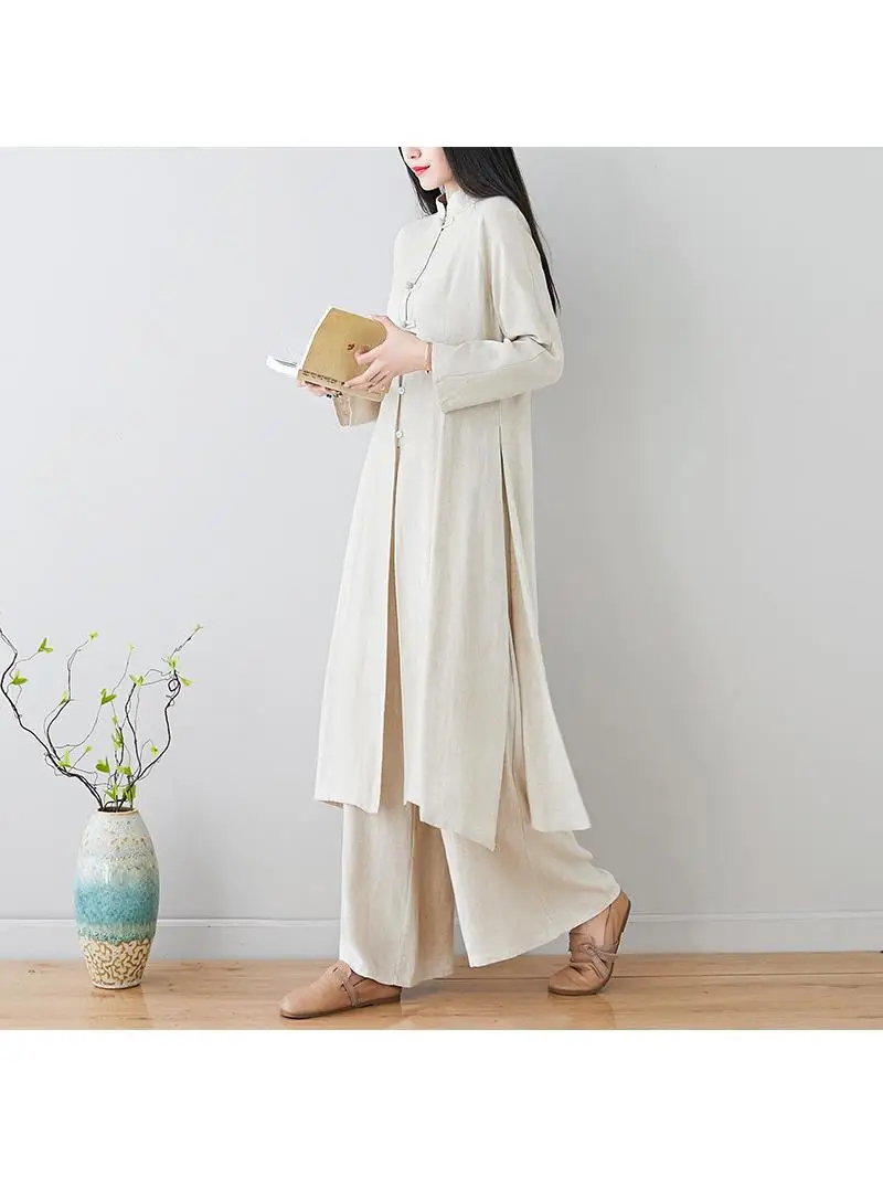 Fashionable Ladies' Cotton Long Pants Suit Traditional Chinese Tang Costume Set Linen Spring Autumn Zen Priestess Hanfu Ensemble
Fashionable Ladies' Cotton Long Pants Suit Traditional Chinese Tang Costume Set Linen Spring Autumn Zen Priestess Hanfu Ensemble