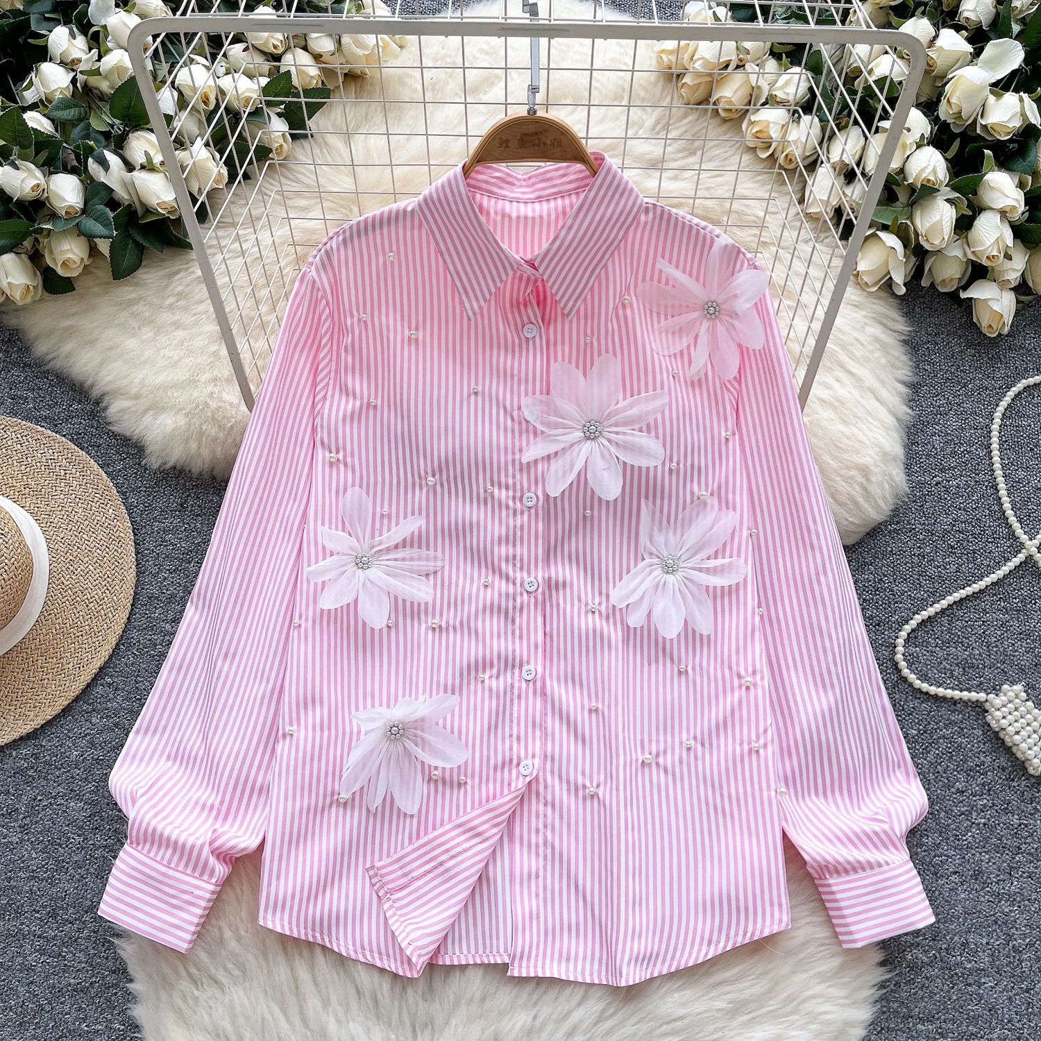 Casual Loose Long Sve Striped irt Women's Faionable Heavy Beading 3D Flower irt Versatile Comfortable Top
Casual Loose Long Sve Striped irt Women's Faionable Heavy Beading 3D Flower irt Versatile Comfortable Top