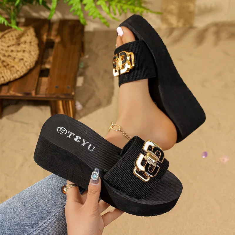 Women's Fish Mouth Open Toe Comfortable Wedge High Heel Slippers Women Lightweight Metal Buckle Embellishment Sandals Summer New
Women's Fish Mouth Open Toe Comfortable Wedge High Heel Slippers Women Lightweight Metal Buckle Embellishment Sandals Summer New