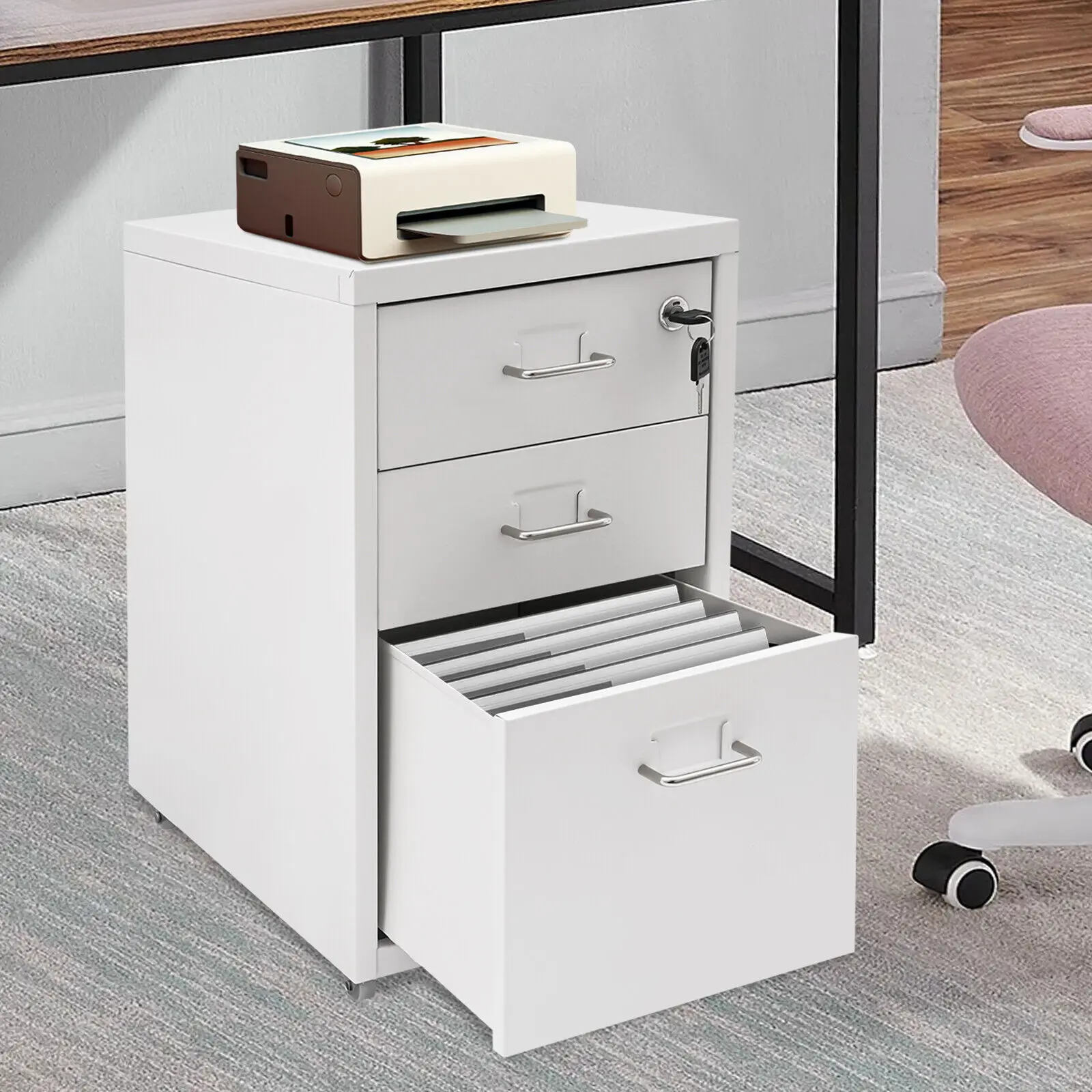3-Drawer White Cold-rolled Steel Vertical File Cabinet Metal Mobile File Cabinet for Office Study Dresser Store Stamps
3-Drawer White Cold-rolled Steel Vertical File Cabinet Metal Mobile File Cabinet for Office Study Dresser Store Stamps