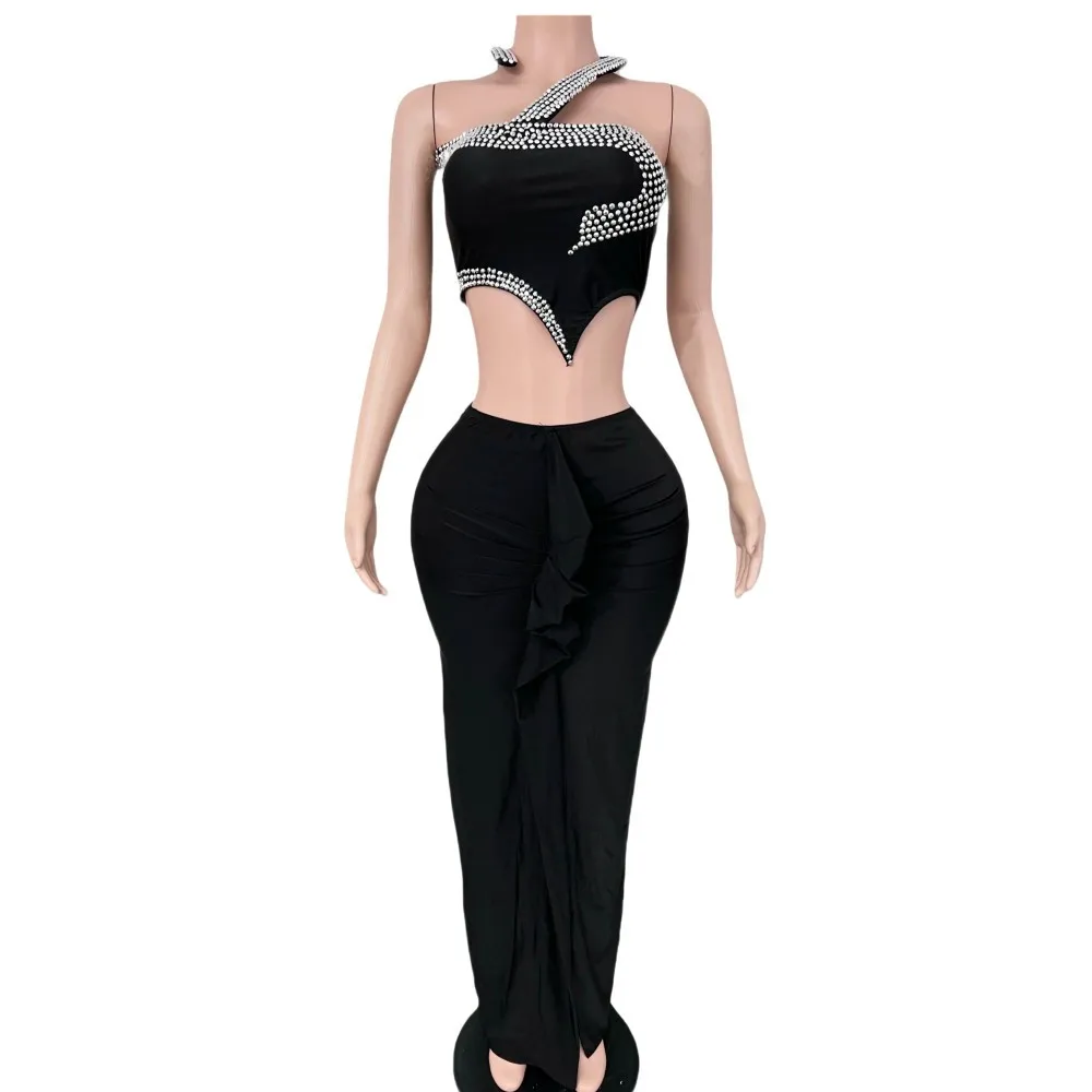 Black Irregular Crop Top Rhinestone Sexy Split Long Skirt Birthday Party Nightclub Bar Performance Costume 2 Pieces Rave Outfit
Black Irregular Crop Top Rhinestone Sexy Split Long Skirt Birthday Party Nightclub Bar Performance Costume 2 Pieces Rave Outfit