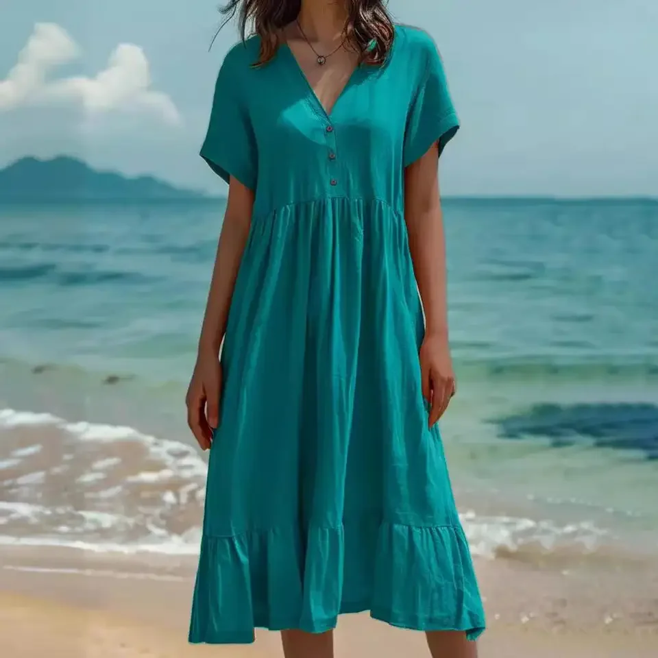 Simple Style Dress Women Summer Dress Button V Neck Short Sleeve Midi Sundress Loose Fit Flowy Beach A-line Swing Dress Women
Simple Style Dress Women Summer Dress Button V Neck Short Sleeve Midi Sundress Loose Fit Flowy Beach A-line Swing Dress Women