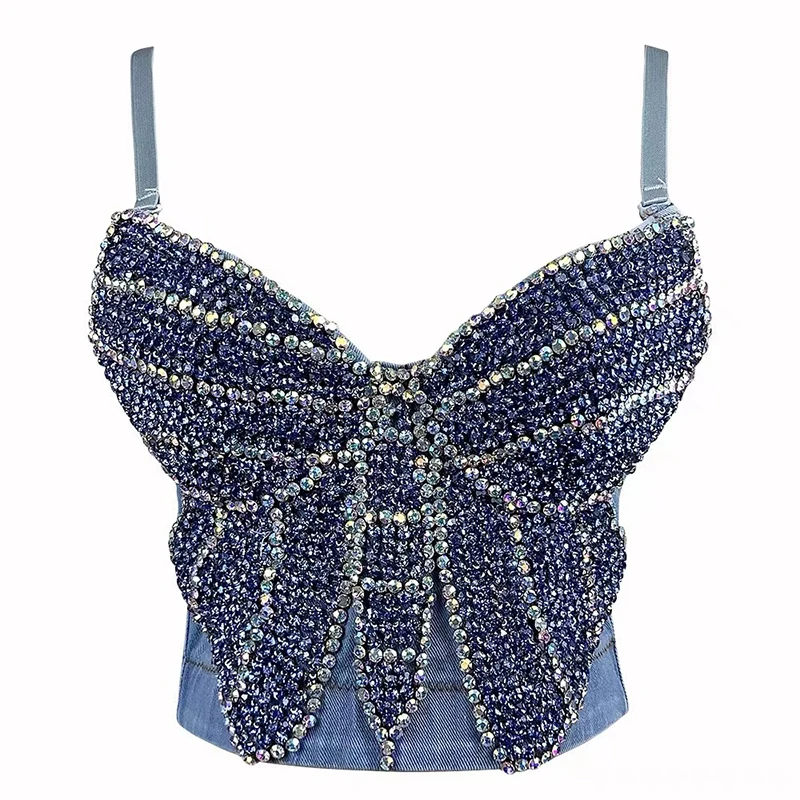 Diamond Bowtie Party Jeans Camisoles Blue Denim Corset Spaghetti Strap Crop Top Fashion Women Summer Streetwear Denim Sexy Tops
Diamond Bowtie Party Jeans Camisoles Blue Denim Corset Spaghetti Strap Crop Top Fashion Women Summer Streetwear Denim Sexy Tops