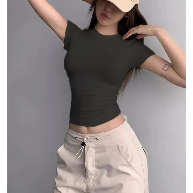 Korean style sexy pure desire tight thread high elasticity short sleeved women's T-shirt showing off figure round neck base top
Korean style sexy pure desire tight thread high elasticity short sleeved women's T-shirt showing off figure round neck base top