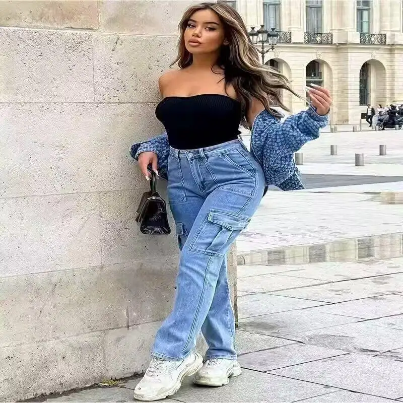 Women's Workwear Style High Waist Cotton Jeans Multiple Pockets Wide Leg Casual Pants Elegant Blue Color Spring Season
Women's Workwear Style High Waist Cotton Jeans Multiple Pockets Wide Leg Casual Pants Elegant Blue Color Spring Season