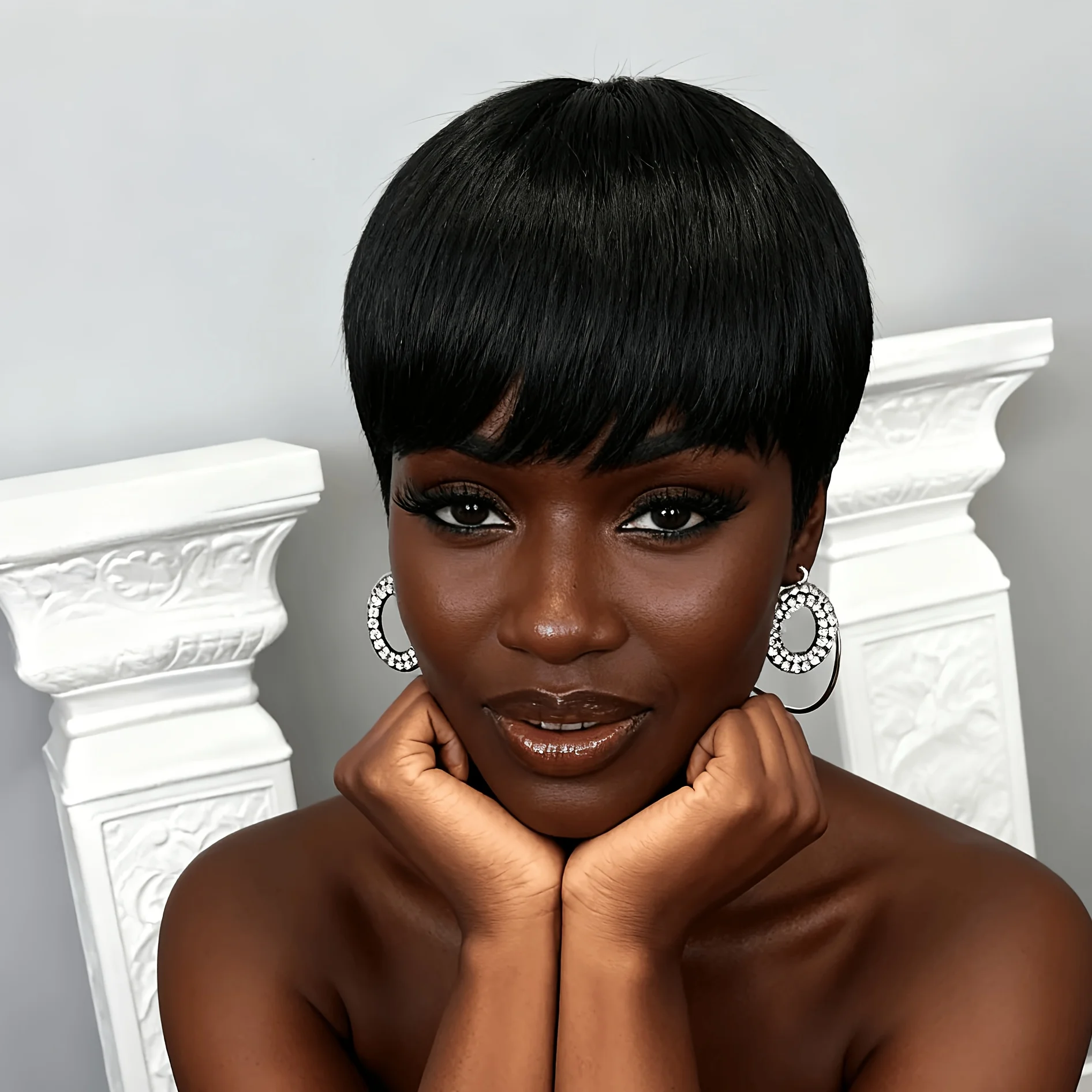 Short Bob Pixie Wigs with Bangs Human Hair for Women Straight Pixie Cut Wigs Full Machine Made Natural Black Color
Short Bob Pixie Wigs with Bangs Human Hair for Women Straight Pixie Cut Wigs Full Machine Made Natural Black Color