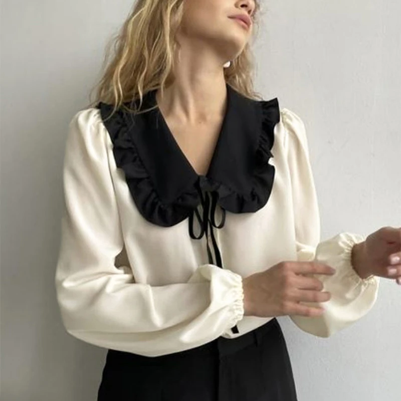 TARUXY Fashion Contrast Lapel Shirt Women's Elegant Satin Lace-Up Lantern Sleeves Casual Commuter Top Female Spring Summer New
TARUXY Fashion Contrast Lapel Shirt Women's Elegant Satin Lace-Up Lantern Sleeves Casual Commuter Top Female Spring Summer New