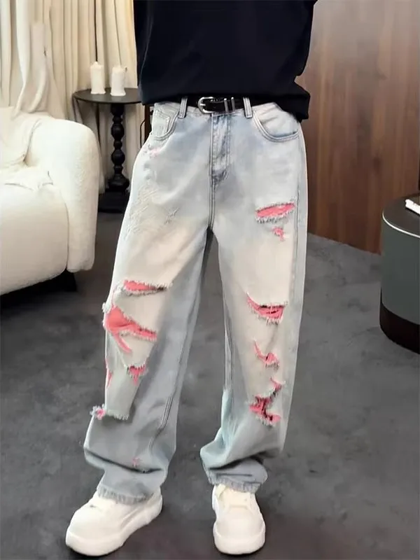 Retro American Style Men's Jeans with Color Collision Embroidery And Hole Design Heavyweight Washed Wide Leg Long Pants
Retro American Style Men's Jeans with Color Collision Embroidery And Hole Design Heavyweight Washed Wide Leg Long Pants