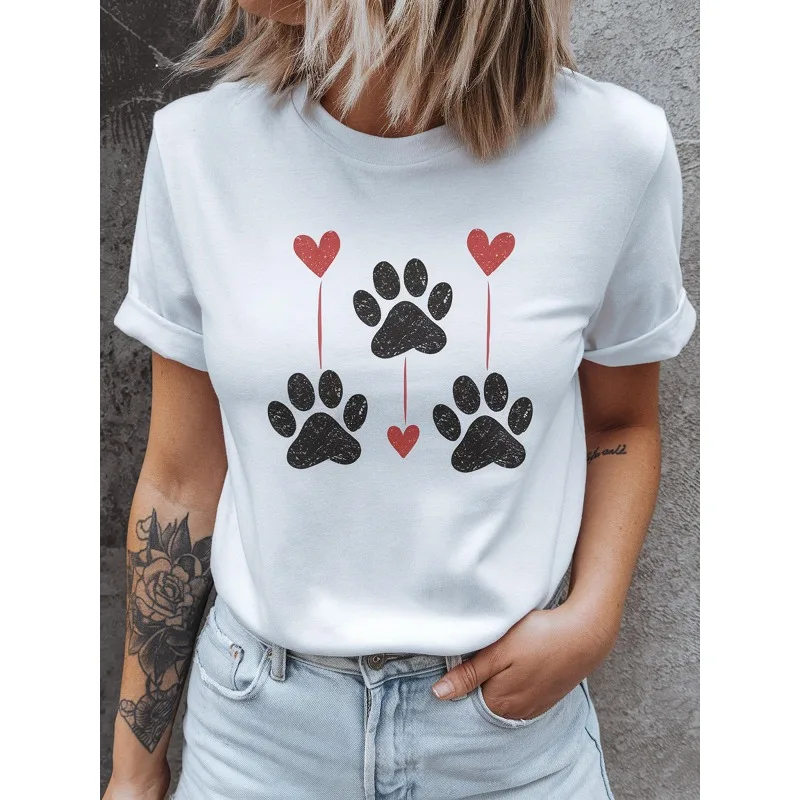 Ladies' Round Neck T-shirt Casual and Valentine's Day Pet Enthusiast Pattern Top White Shirt with Black Paw Print Red Heart Top
Ladies' Round Neck T-shirt Casual and Valentine's Day Pet Enthusiast Pattern Top White Shirt with Black Paw Print Red Heart Top