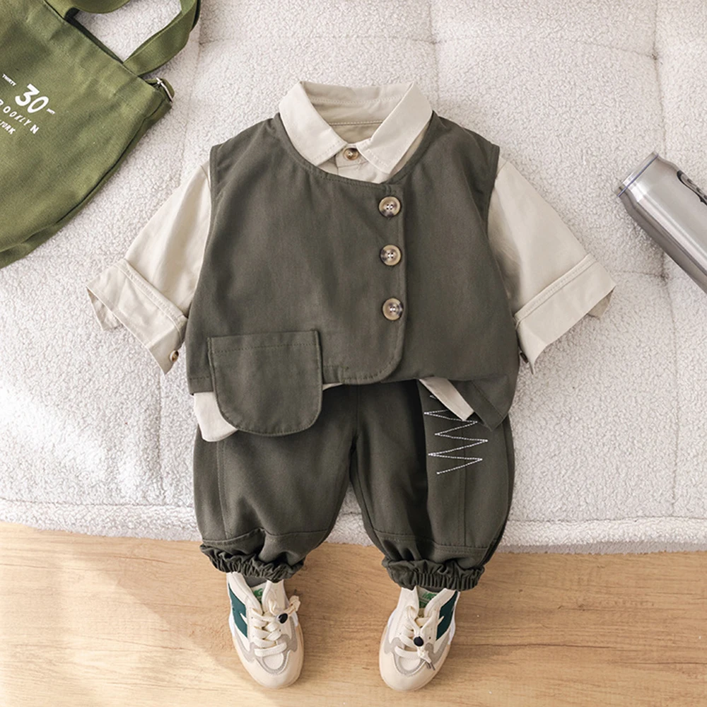Casual 1-5T Children 3piece Set Boys 2024 Autumn Solid Shirt+Single Breasted Asymmetric Tank+Elastic Pants Fashion Cotton Set
Casual 1-5T Children 3piece Set Boys 2024 Autumn Solid Shirt+Single Breasted Asymmetric Tank+Elastic Pants Fashion Cotton Set