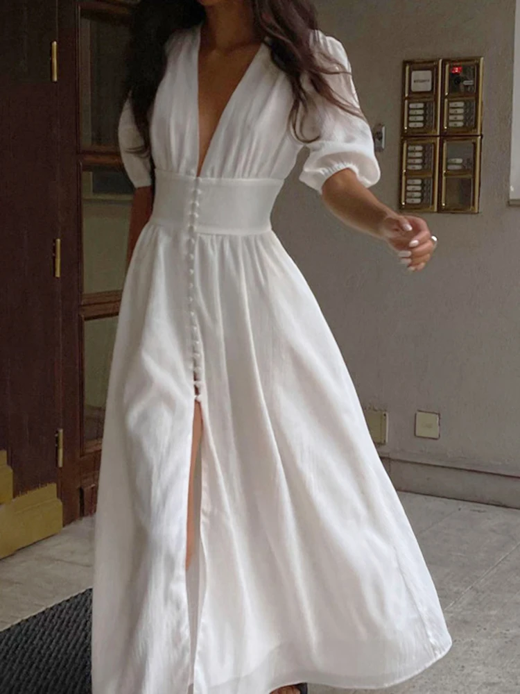 White Chiffon Long Dress Women Deep V Neck Button Dress Female Fashion Slim Puff Sleeve Dress Ladies Slit Elegant Summer Dress
White Chiffon Long Dress Women Deep V Neck Button Dress Female Fashion Slim Puff Sleeve Dress Ladies Slit Elegant Summer Dress