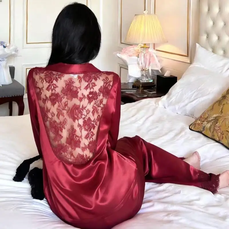 New Sexy Ice Silk Pajamas for Women Spring, Autumn Summer, Long-Sleeved Trousers, Sweet Lace Hollow Beautiful Back Homewear Set
New Sexy Ice Silk Pajamas for Women Spring, Autumn Summer, Long-Sleeved Trousers, Sweet Lace Hollow Beautiful Back Homewear Set