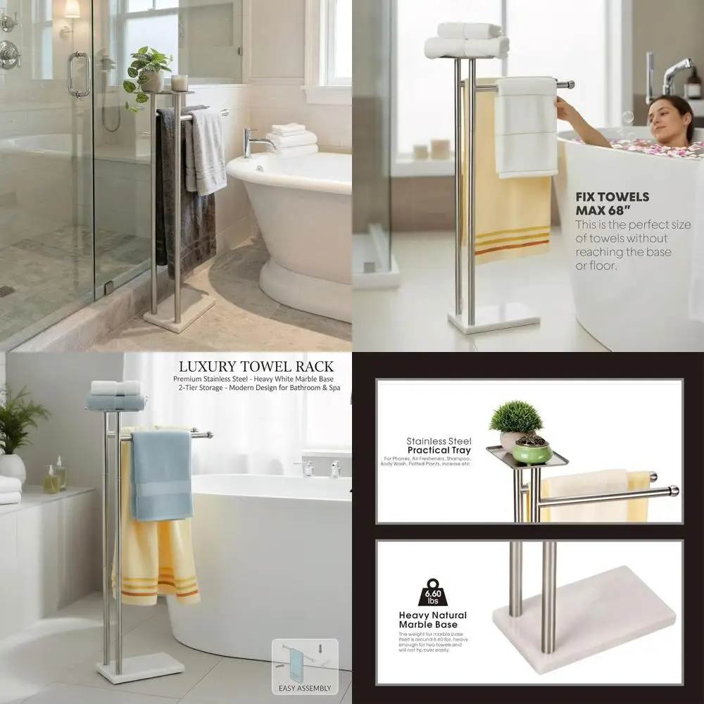 Space-saving 2-Tier Freestanding Towel Rack for Bathroom, Sturdy and Practical with Top Shelf, No Drilling Needed.
Space-saving 2-Tier Freestanding Towel Rack for Bathroom, Sturdy and Practical with Top Shelf, No Drilling Needed.
