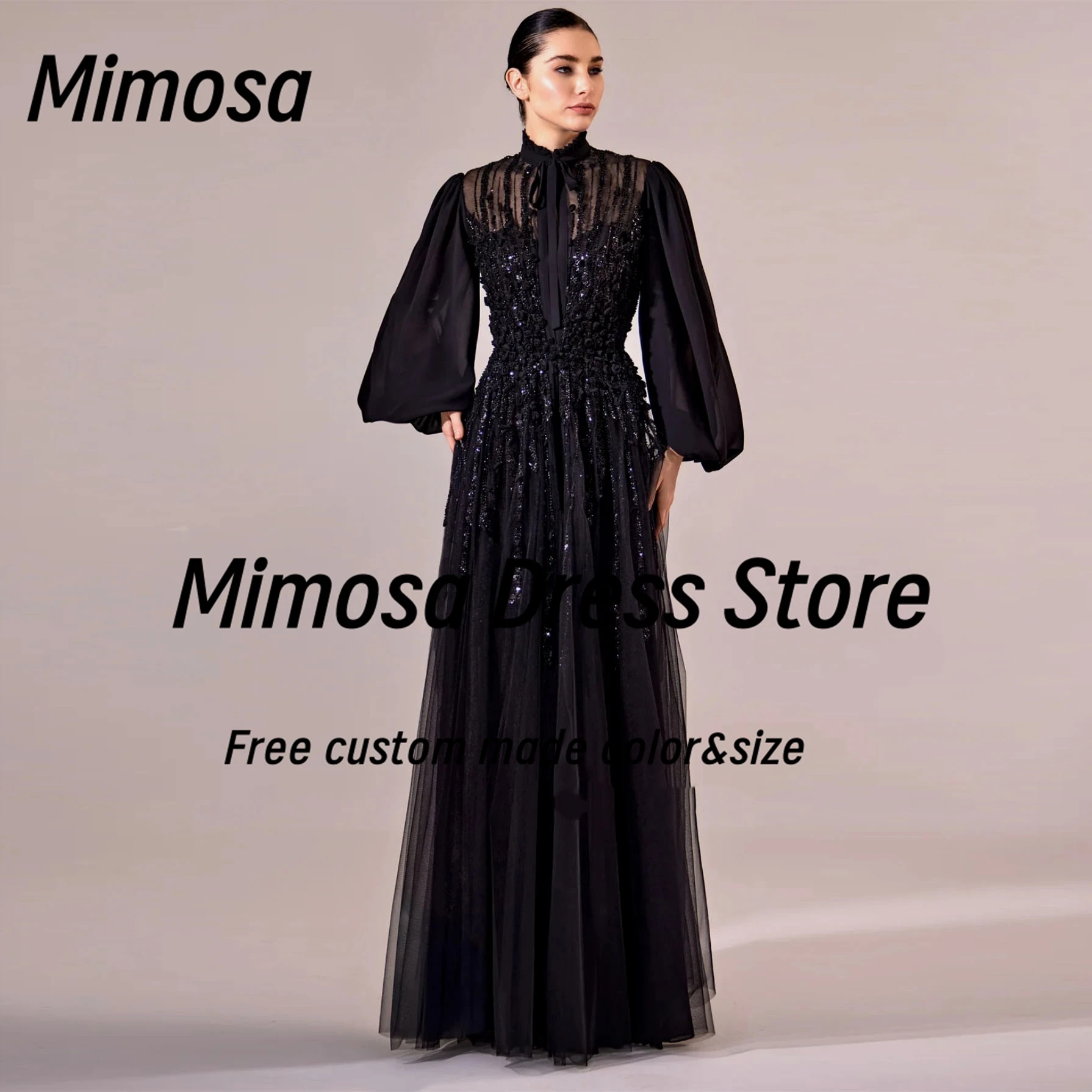 Mimosa Black Prom Dresses High Collar Beaded Luxury Evening Party Dress Long Sleeves Robe Des Soiree Customized
Mimosa Black Prom Dresses High Collar Beaded Luxury Evening Party Dress Long Sleeves Robe Des Soiree Customized