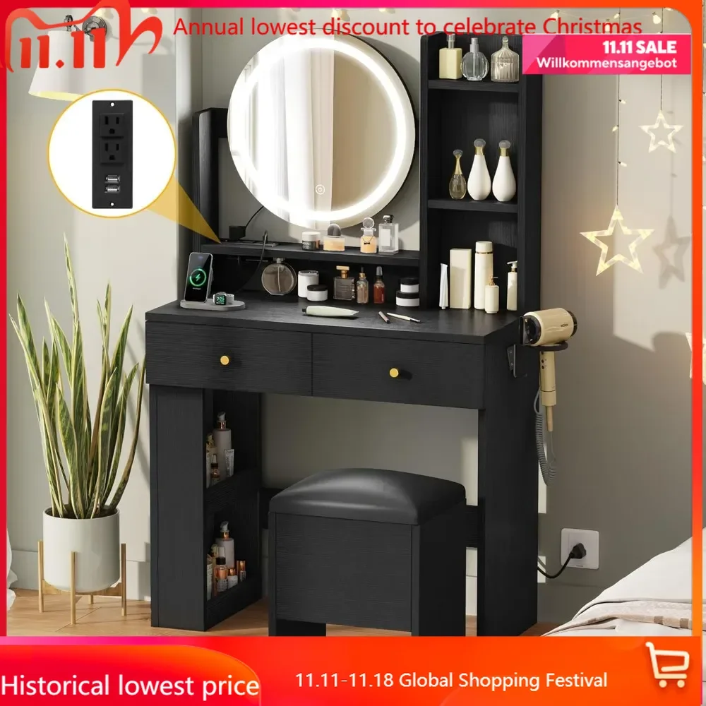 Makeup Vanity Desk with LED Lighted Mirror, Black Vanity Set with Charger Station, Small Spaces Vanity Table for Bedroom, A
Makeup Vanity Desk with LED Lighted Mirror, Black Vanity Set with Charger Station, Small Spaces Vanity Table for Bedroom, A