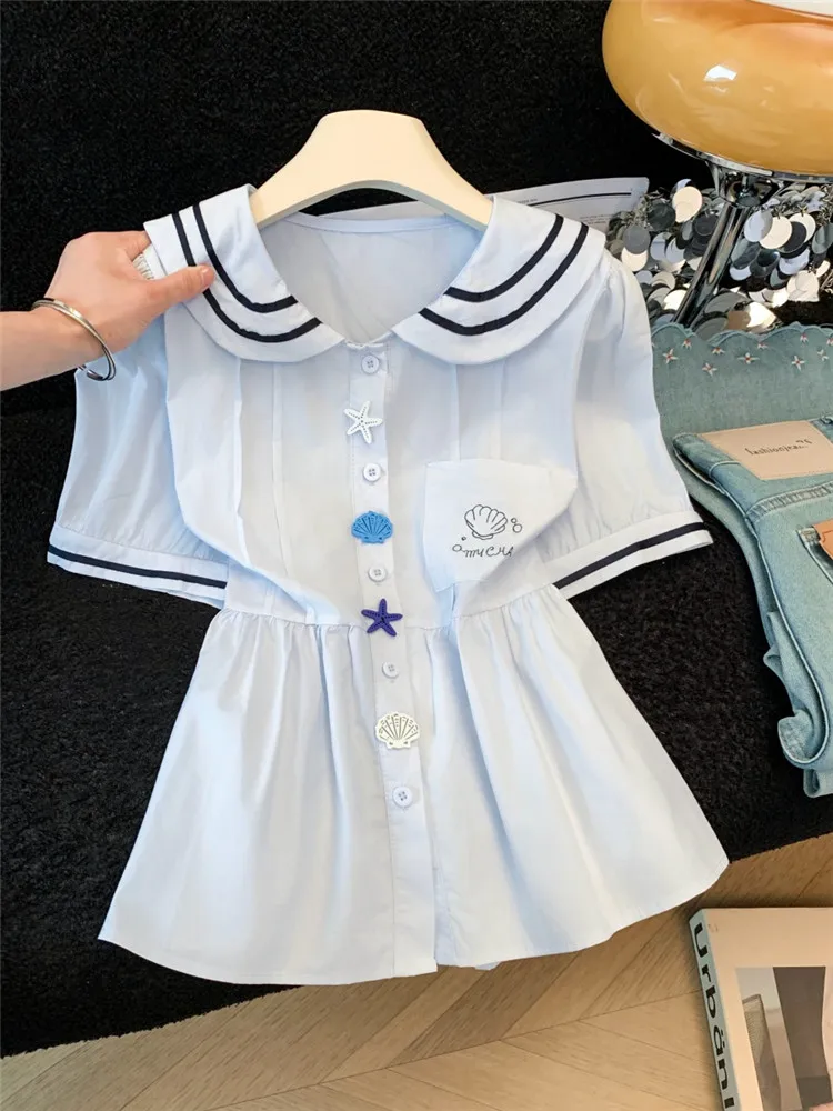 Light Blue Doll Collar Shirt Women's Summer New Style Single Button Short Sleeve Top Fashion Design Shoulder Length Casual Shirt
Light Blue Doll Collar Shirt Women's Summer New Style Single Button Short Sleeve Top Fashion Design Shoulder Length Casual Shirt