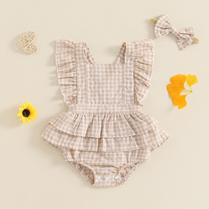 Infant Baby Girls Summer Romper Casual Clothes Plaid Print Ruffles Sleeveless Jumpsuits Cotton Bodysuits with Headband
Infant Baby Girls Summer Romper Casual Clothes Plaid Print Ruffles Sleeveless Jumpsuits Cotton Bodysuits with Headband
