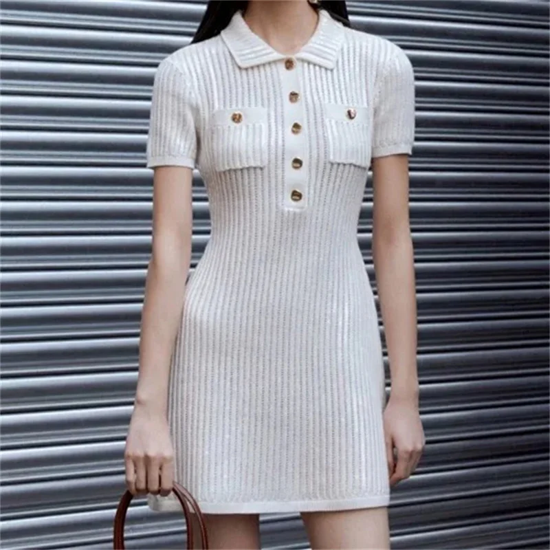 Women's dress New elastic knitted short sleeved mini dress for summer 2025 Shoulder pad slim lapel short dresses party dresses 
Women's dress New elastic knitted short sleeved mini dress for summer 2025 Shoulder pad slim lapel short dresses party dresses
