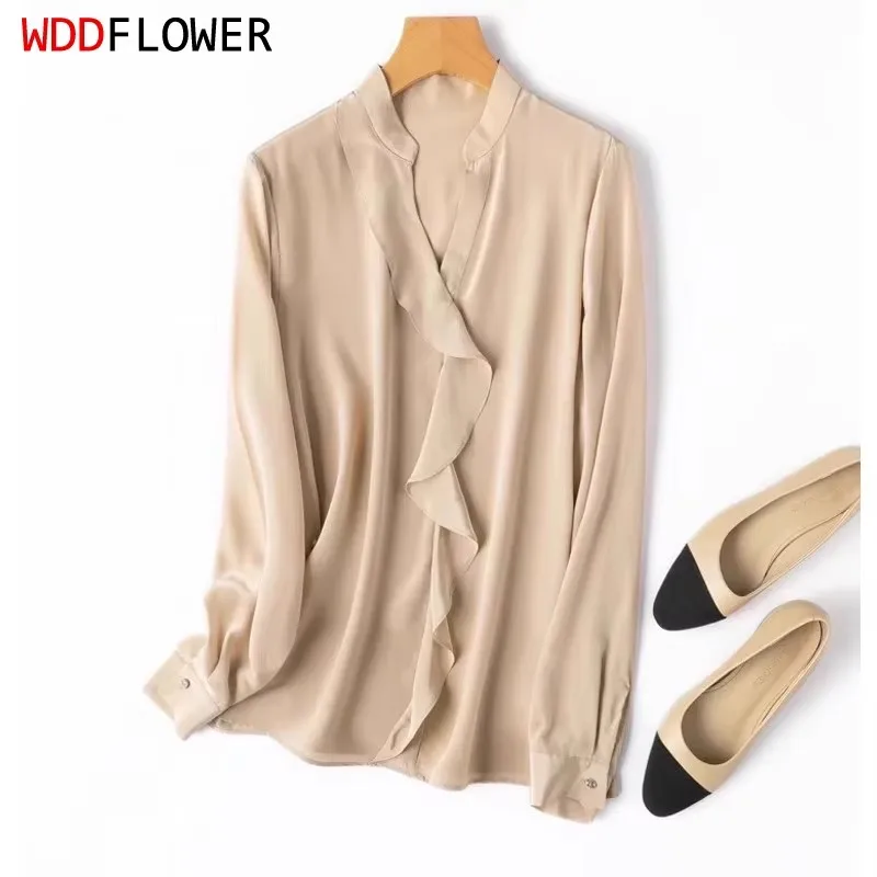 Women Silk Shirt 100% Mulberry Silk 16 Momme Crepe Silk Beige Color Long Sleeve V Neck Pullover Blouse Top Office Work M1268
Women Silk Shirt 100% Mulberry Silk 16 Momme Crepe Silk Beige Color Long Sleeve V Neck Pullover Blouse Top Office Work M1268