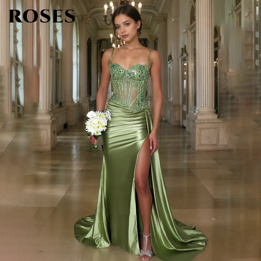 ROSES Green Satin Prom Dresses Spaghetti Strap Split Gala Dresses Sexy Corset Saudi Arabic Evening Mermaid Party Gown Customized
ROSES Green Satin Prom Dresses Spaghetti Strap Split Gala Dresses Sexy Corset Saudi Arabic Evening Mermaid Party Gown Customized