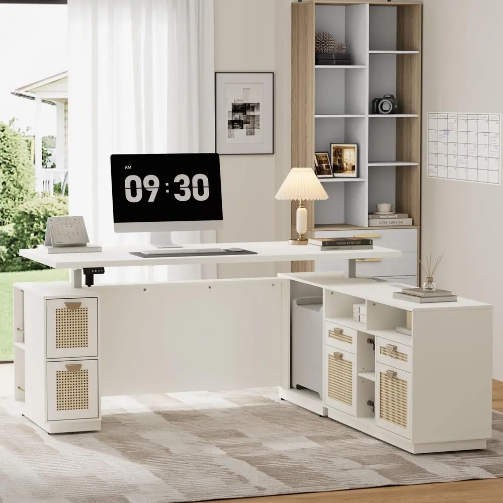 71 L Shaped Executive Height Adjustable Standing Desk, White Rattan Finish Drawers, Engineered Wood Top, Base Integrated File C
71 L Shaped Executive Height Adjustable Standing Desk, White Rattan Finish Drawers, Engineered Wood Top, Base Integrated File C