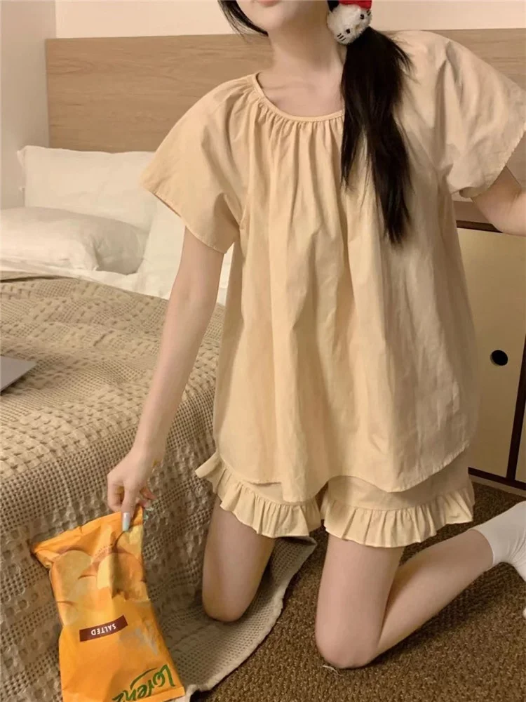 Simple Summer Sleepwear Women's Short Sleeve Short Pants Thin Cloud Cotton Home Clothes Two-Piece Set Pure Color Home Leisure
Simple Summer Sleepwear Women's Short Sleeve Short Pants Thin Cloud Cotton Home Clothes Two-Piece Set Pure Color Home Leisure