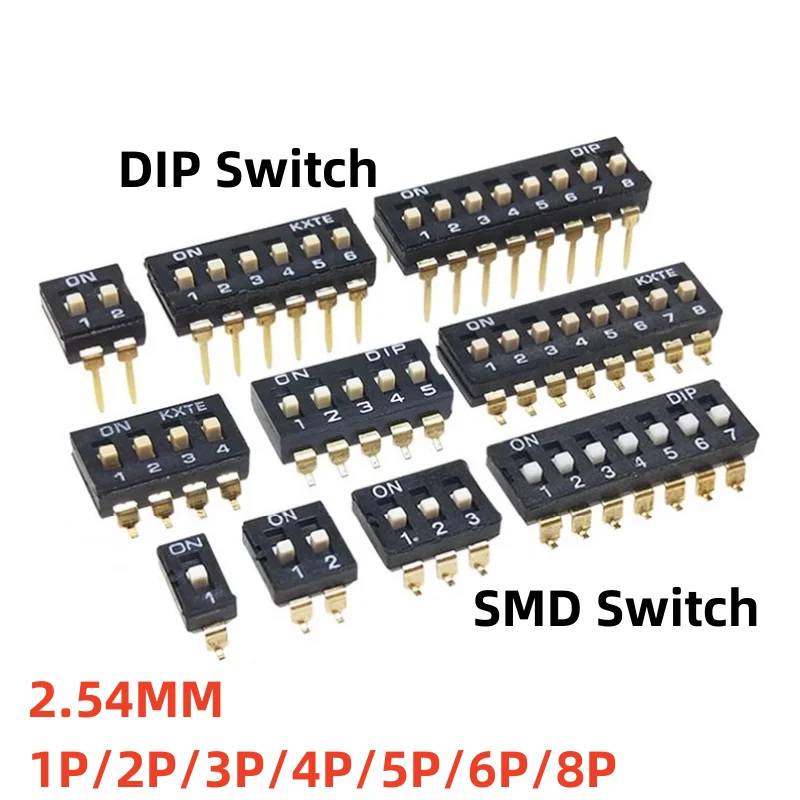 5Pcs/lot DIP switch Toggle Switches 2.54mm SMD 1P/2P/3P/4P/5P/6P/8P black 2.54MM SMD Switch Gold Plated Pin
5Pcs/lot DIP switch Toggle Switches 2.54mm SMD 1P/2P/3P/4P/5P/6P/8P black 2.54MM SMD Switch Gold Plated Pin