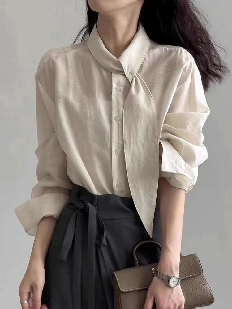Retro Asymmetrical Sash Long Sleeve Women's Shirt Loose Slimming Top Trendy Korean Style Commute Wind Pure Color Button up
Retro Asymmetrical Sash Long Sleeve Women's Shirt Loose Slimming Top Trendy Korean Style Commute Wind Pure Color Button up