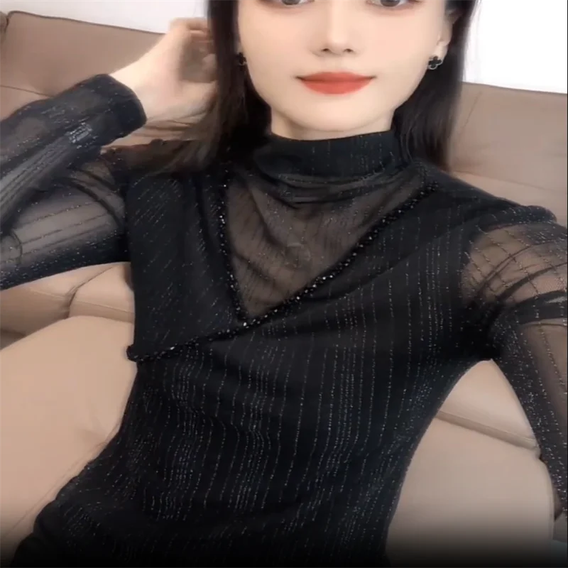 Cut-out Beaded Tshirt Women T-shirts New Sexy High neck Bottoming Top Long sleeve Mesh Tops Blusa Bright Silk Femme Tees
Cut-out Beaded Tshirt Women T-shirts New Sexy High neck Bottoming Top Long sleeve Mesh Tops Blusa Bright Silk Femme Tees