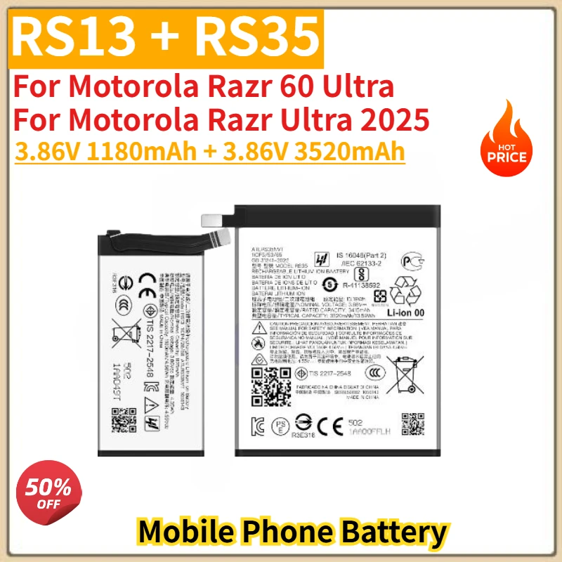RS13 RS35 High Quality Phone Battery 1180mAh 3520mAh For Motorola Razr 60 Ultra Brand New Replacement Battery
RS13 RS35 High Quality Phone Battery 1180mAh 3520mAh For Motorola Razr 60 Ultra Brand New Replacement Battery