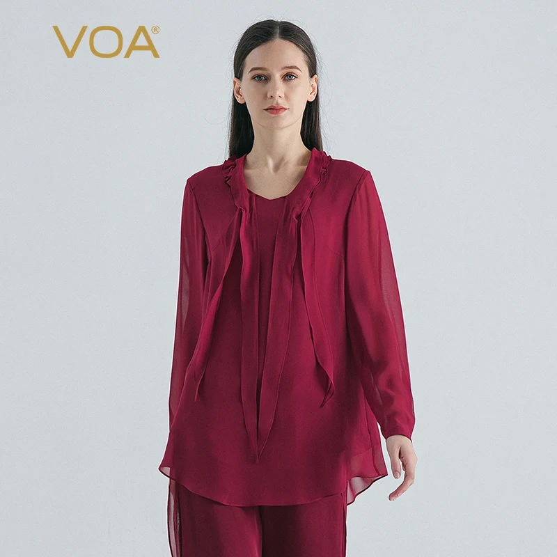 (Fans Exclusive Discount) VOA Silk Georgette Wine Red Wavy O-neck Tops Shirt Long Sleeve Ribbon Curved Hem Loose T-shirt BE1300
(Fans Exclusive Discount) VOA Silk Georgette Wine Red Wavy O-neck Tops Shirt Long Sleeve Ribbon Curved Hem Loose T-shirt BE1300