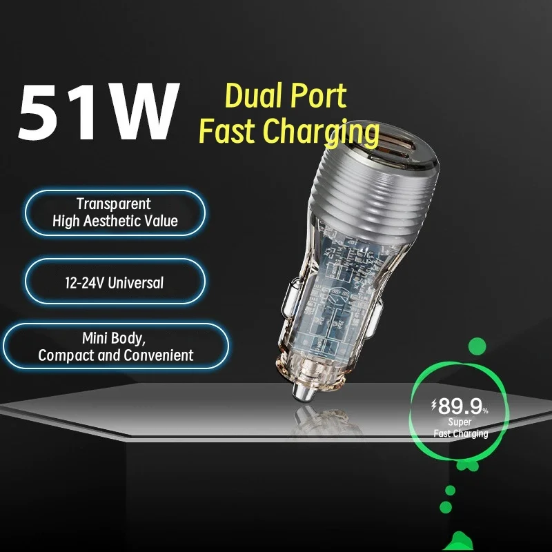 2-in-1 Car Charger Transparent and Compact Intelligent Car Charger Plug and Play Simultaneously Charging USB+type-c Devices
2-in-1 Car Charger Transparent and Compact Intelligent Car Charger Plug and Play Simultaneously Charging USB+type-c Devices