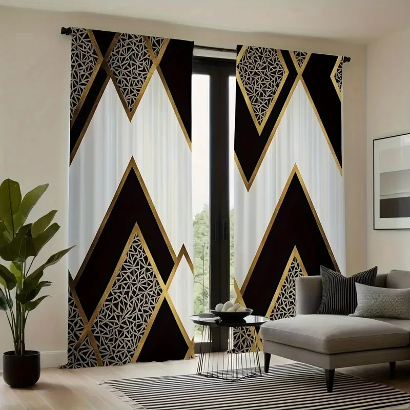 2pcs Set Elegant Black & Golden Geometric Print Curtains - Rod PocketDesign for Easy Hanging, Machine Washable Polyester
2pcs Set Elegant Black & Golden Geometric Print Curtains - Rod PocketDesign for Easy Hanging, Machine Washable Polyester