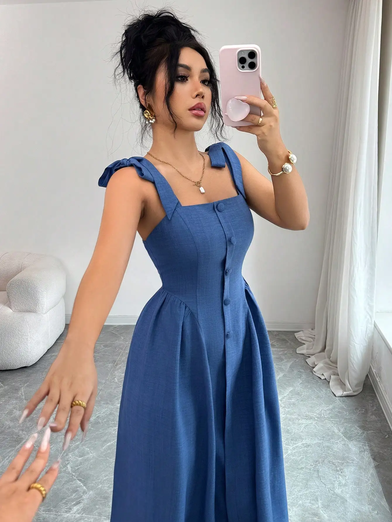 Elegant Blue Strappy Button Front A-Line Long Dress For Women
Elegant Blue Strappy Button Front A-Line Long Dress For Women