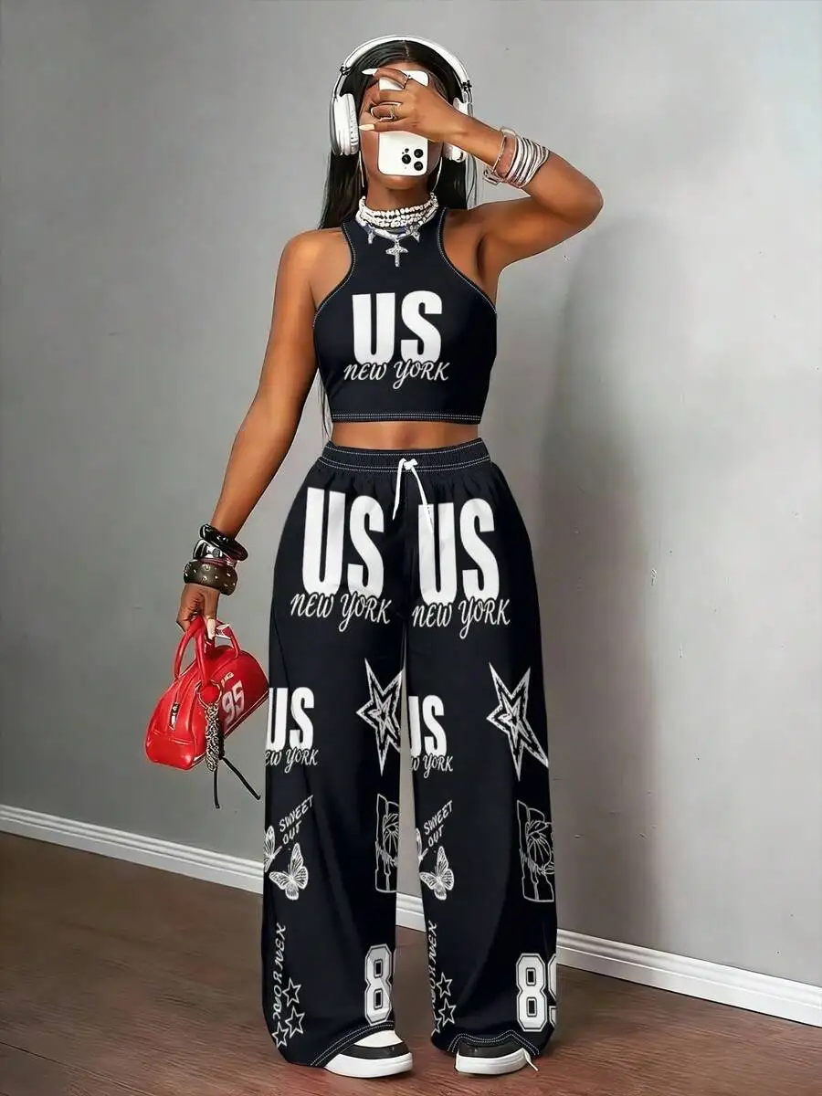 Women Two Piece Set Halter Top And Wide Leg Pants With US New York Print Y2K Style
Women Two Piece Set Halter Top And Wide Leg Pants With US New York Print Y2K Style