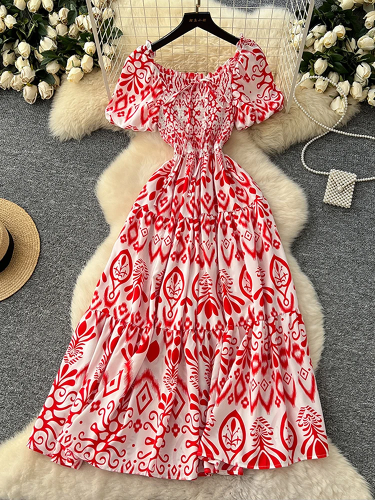 French Sldsh Neck Bubble Sleeve Printed Dress Women's Summer New Collection Waist Cinching Large Swing Beach Vacation Dress C405
French Sldsh Neck Bubble Sleeve Printed Dress Women's Summer New Collection Waist Cinching Large Swing Beach Vacation Dress C405