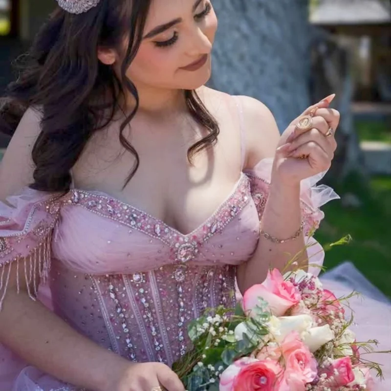 Shiny Pink Quinceanera Dress off-shoulder Sequins Crystal Flower Decal Lace Layering Bow vestidos de 15 Quinceanera Customized
Shiny Pink Quinceanera Dress off-shoulder Sequins Crystal Flower Decal Lace Layering Bow vestidos de 15 Quinceanera Customized