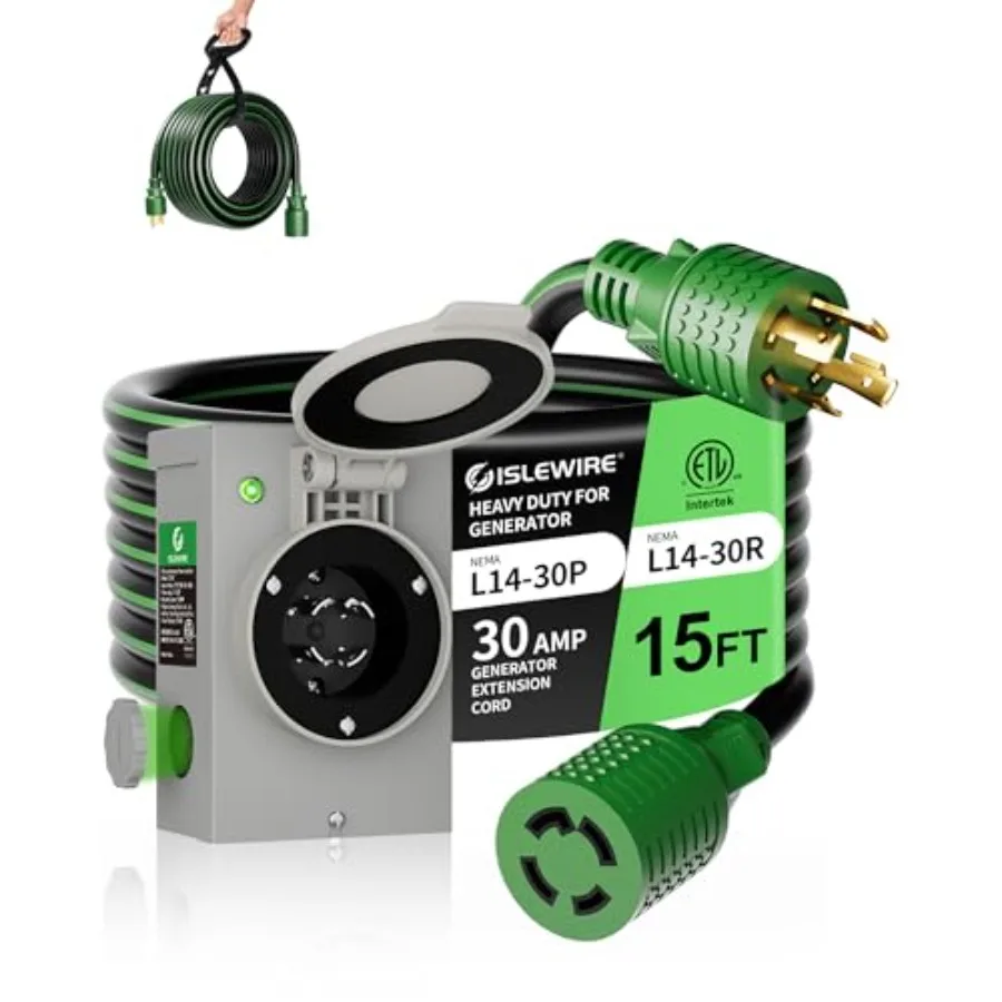 30 Amp Generator Cord and Power Inlet Box Kit, NEMA L14-30P to L14-30R, 4-Prong Generator Cord 10 AWG with Twist Lock Connector
30 Amp Generator Cord and Power Inlet Box Kit, NEMA L14-30P to L14-30R, 4-Prong Generator Cord 10 AWG with Twist Lock Connector
