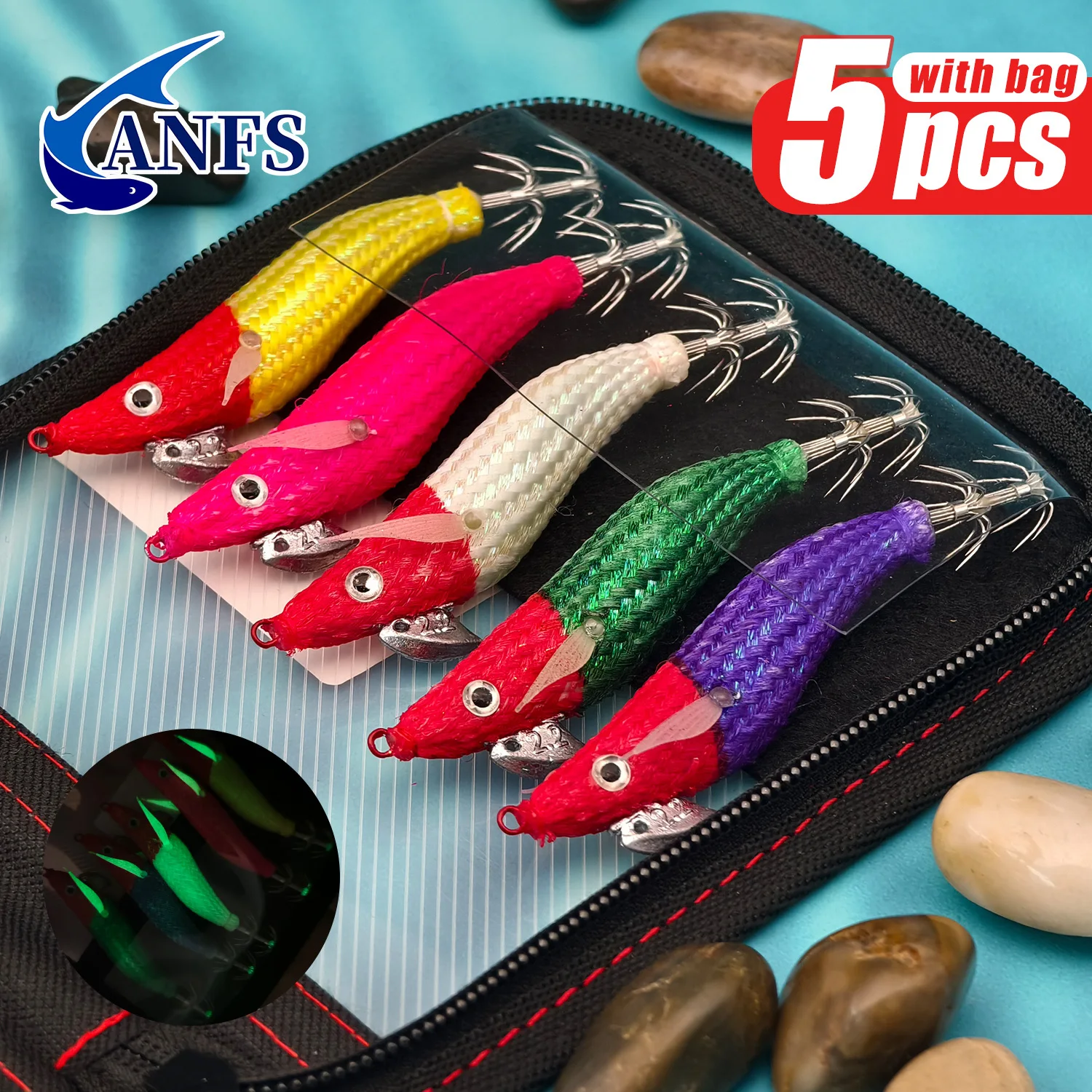 ANFS 5pcs/bag Squid Jigs Kit, Luminous Shrimp Squid Hook Set of 2.2-Amazing Fishing Gift for Angler
ANFS 5pcs/bag Squid Jigs Kit, Luminous Shrimp Squid Hook Set of 2.2-Amazing Fishing Gift for Angler