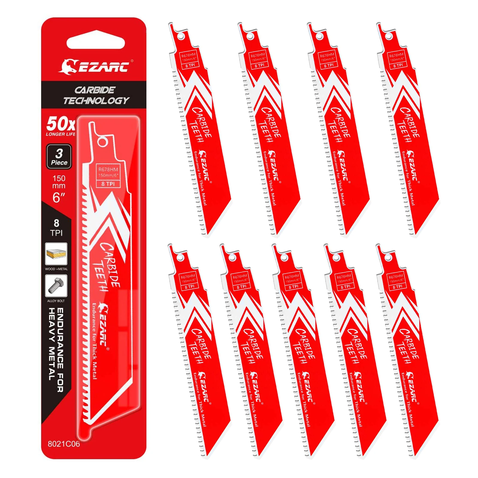 3/6/9Pcs 150mm(6-Inch) Carbide Reciprocating Saw Blade R678HM Endurance for Thick Metal, Cast Iron, Alloy Steel, 8TPI
3/6/9Pcs 150mm(6-Inch) Carbide Reciprocating Saw Blade R678HM Endurance for Thick Metal, Cast Iron, Alloy Steel, 8TPI