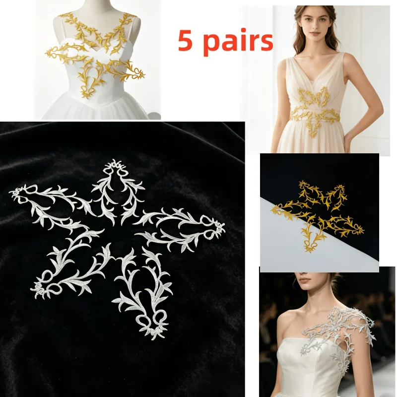 5 pairs of embroidered lace vine-shaped patches, for the wedding dress neckline and evening dress decorative accessories.
5 pairs of embroidered lace vine-shaped patches, for the wedding dress neckline and evening dress decorative accessories.