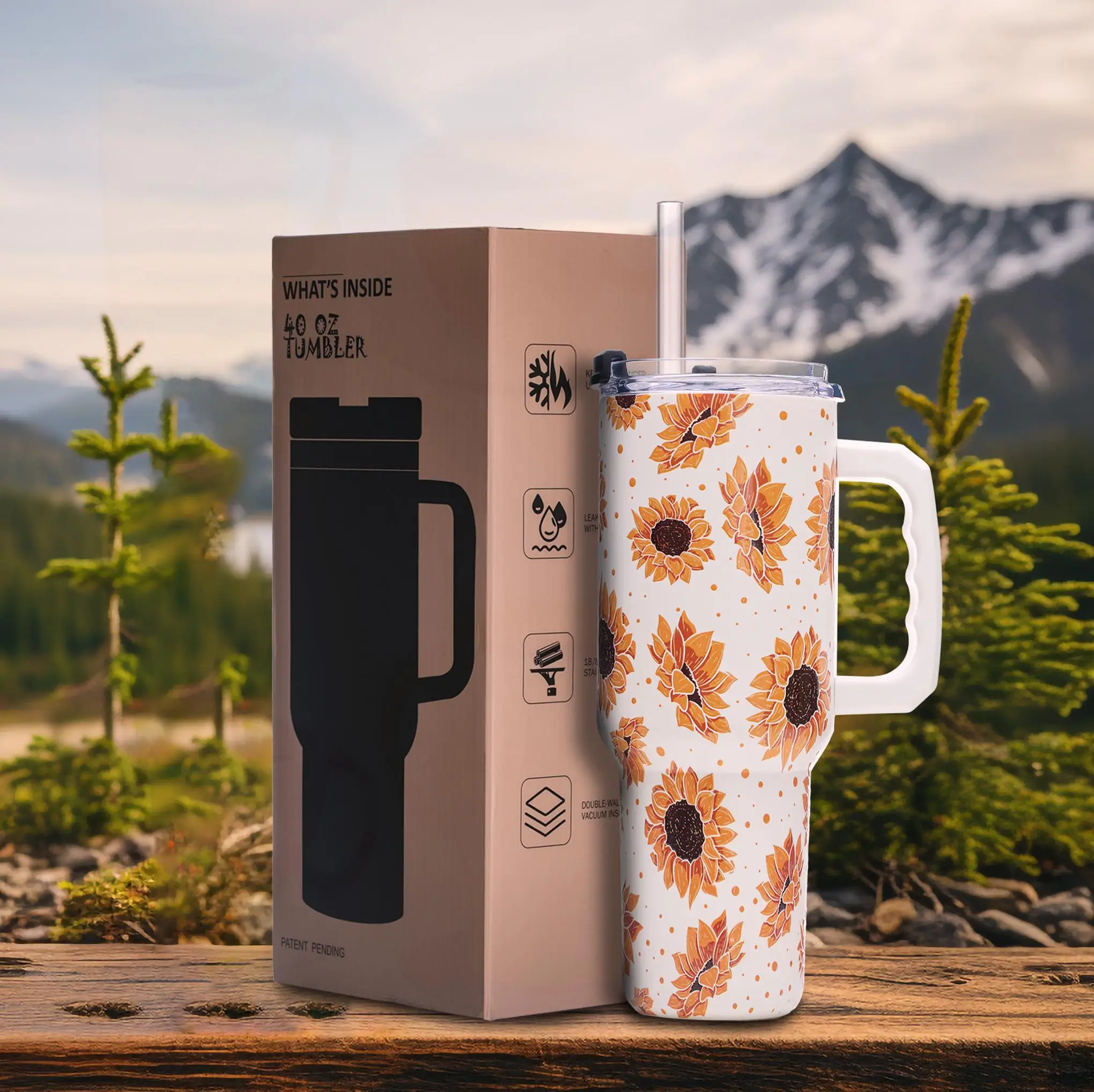 40oz Vacuum Insulated Tumbler – Stainless Steel, White Sunflower Print, BPA-Free, With Handle, Double Wall, Wide Mouth
40oz Vacuum Insulated Tumbler – Stainless Steel, White Sunflower Print, BPA-Free, With Handle, Double Wall, Wide Mouth