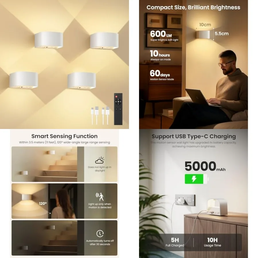 4 Pack Motion Sensor Wall Lamp with Remote Control 3 Colors Wireless Wall Light LED Indoor Up and Down Wall Sconce 5000mAh Rech
4 Pack Motion Sensor Wall Lamp with Remote Control 3 Colors Wireless Wall Light LED Indoor Up and Down Wall Sconce 5000mAh Rech