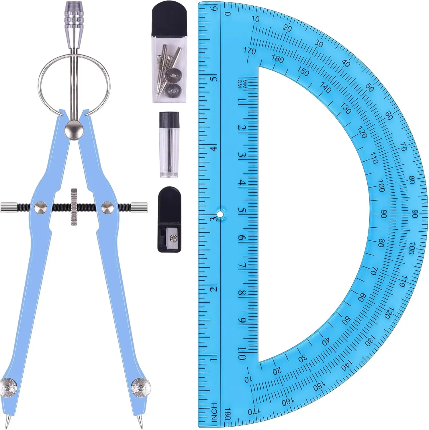 Professional Compass & Protractor Set, Metal Geometry Tool with Extra Refills, 6 Inch 180 Degree (Blue)
Professional Compass & Protractor Set, Metal Geometry Tool with Extra Refills, 6 Inch 180 Degree (Blue)