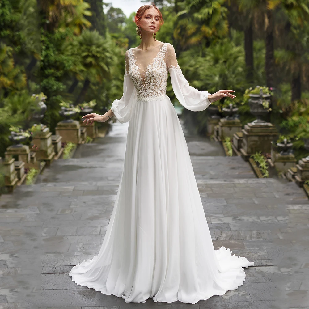 Welinsha Women A-Line Chiffon Classic Wedding Dress Elegant Illusion O-Neck Pearls Long Sleeve Applique Bridal Gowns Button Back
Welinsha Women A-Line Chiffon Classic Wedding Dress Elegant Illusion O-Neck Pearls Long Sleeve Applique Bridal Gowns Button Back