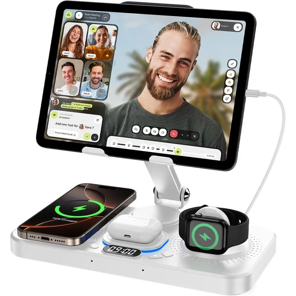 6-in-1 Charging Station: 30W Wireless Charging, Clock, 7-Color Ambient Light for iPad and iPhone 17 - Nightstand Dock
6-in-1 Charging Station: 30W Wireless Charging, Clock, 7-Color Ambient Light for iPad and iPhone 17 - Nightstand Dock