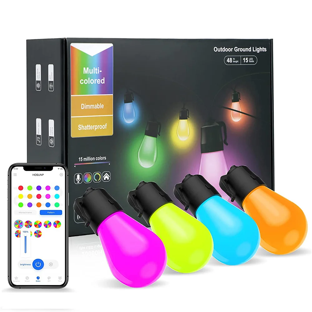 Smart LED Outdoor String Lights Color Changing 48FT 15 Bulbs RGB Patio Hanging Lights APP Control Cafe Backyard Party Lighting
Smart LED Outdoor String Lights Color Changing 48FT 15 Bulbs RGB Patio Hanging Lights APP Control Cafe Backyard Party Lighting