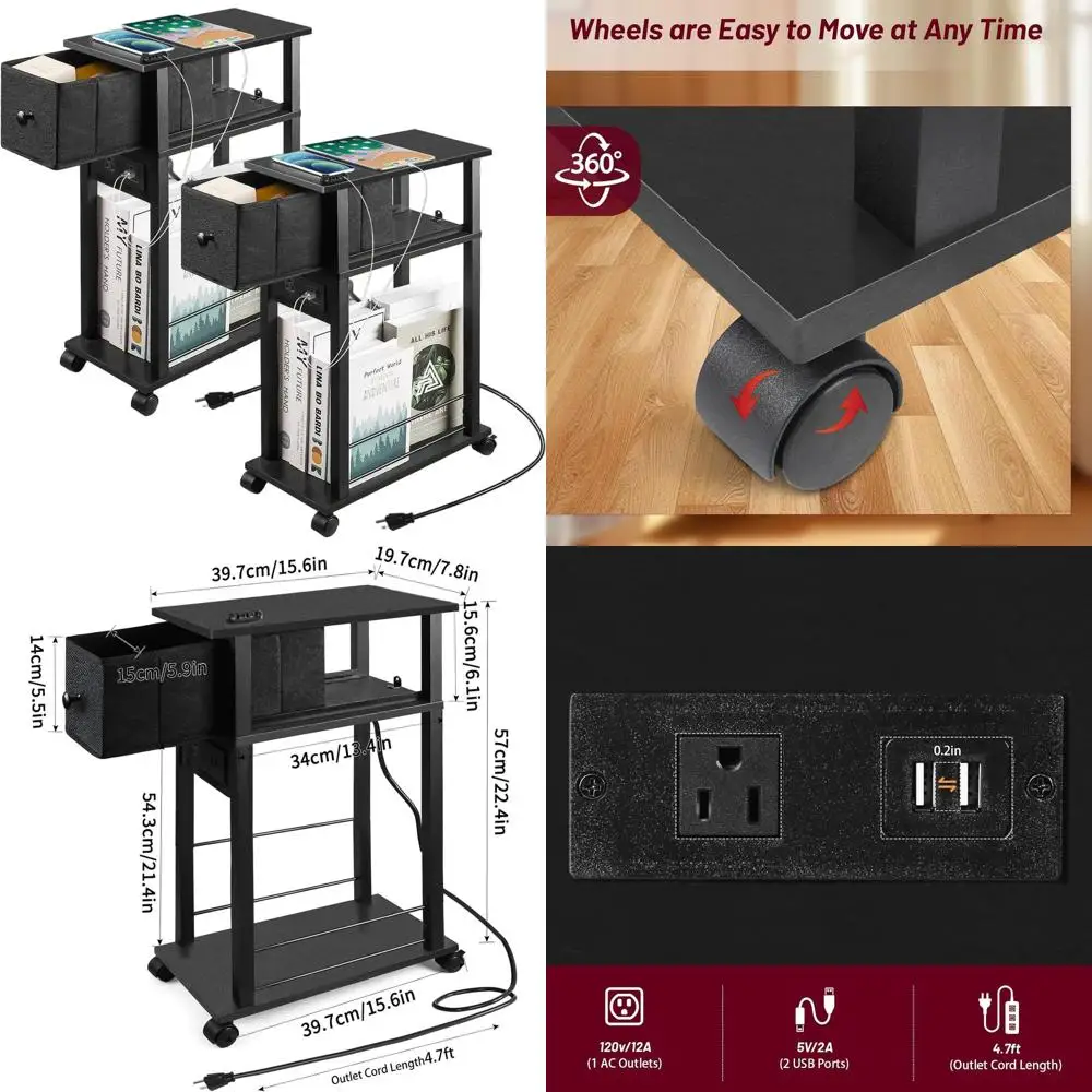 Set of 2 Black Slim End Tables with Charging Station, Fabric Drawer, and Mute Wheels for Compact Spaces
Set of 2 Black Slim End Tables with Charging Station, Fabric Drawer, and Mute Wheels for Compact Spaces