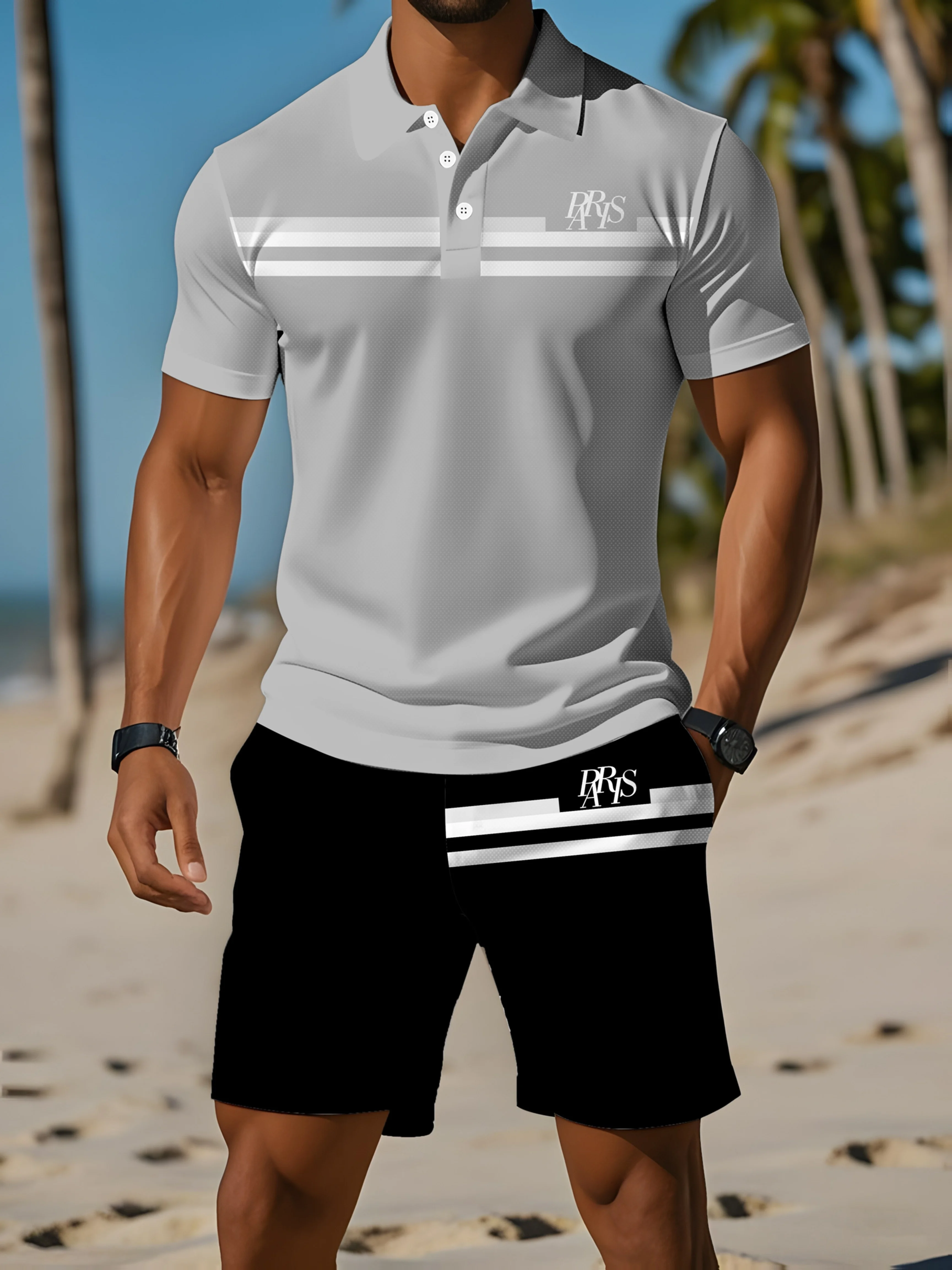 2026 Men's Gray Black Striped Paris Logo Polo Shirt and Shorts 2-piece Quick Drying Casual Sportswear Set
2026 Men's Gray Black Striped Paris Logo Polo Shirt and Shorts 2-piece Quick Drying Casual Sportswear Set