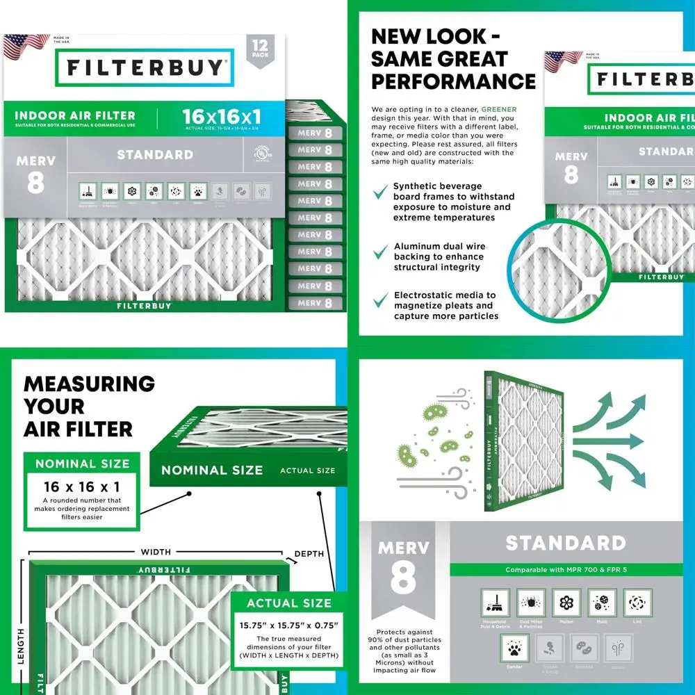 12-Pack MERV 8 Pleated Air Filters, Dust Defense Replacement for 16x16x1 HVAC AC Furnace Systems
12-Pack MERV 8 Pleated Air Filters, Dust Defense Replacement for 16x16x1 HVAC AC Furnace Systems